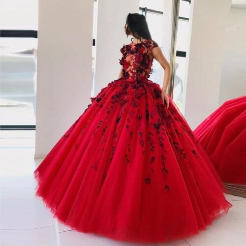 Elegant 2021 Red 3D Flower Tutu Evening Dresses Puffy Lush Tulle Long Prom Gowns Pretty Party Dress Vestidos De Festa