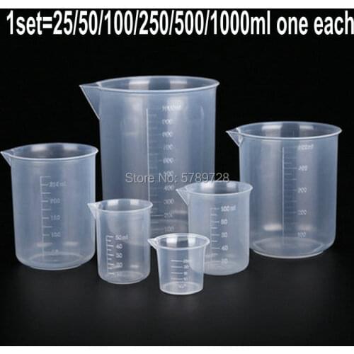 1set Laboratory plastic beaker with scale plastic measuring cup including 25/50/100/250/500/1000ml one each