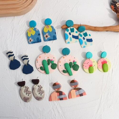 Lifefontier Korean Cute 3D Cactus Polymer Clay Drop Earrings Colorful Geometric Clay Dangle Earrings for Women Statement Jewelry