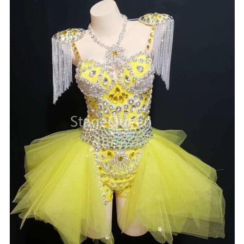 2019 Fashion Design Neon Yellow Rhinestone Outfit Leotard Skirt Stage Show Shoulder Pads Dance Wear Chains Fringes Clothing Set