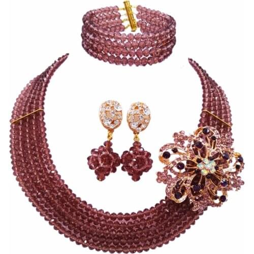 Fashion Dark Purple Crystal Beaded Multi Strands Necklace Nigerian Wedding African Beads Jewelry Set for Women 5L-DS006