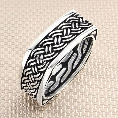 Men Silver Bands Ring With Geometric Motif Wedding Ring Engagement Silver Spinner Ring Made in Turkey Solid 925 Sterling Silver