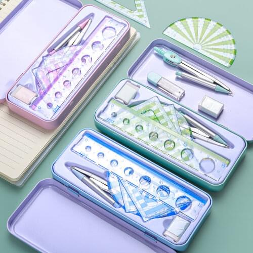 7pcs/set Student Stationery Set with 4 Rulers compasses Eraser and Pencil Lead Stuednt School Supplies for Kids Drawing Tools
