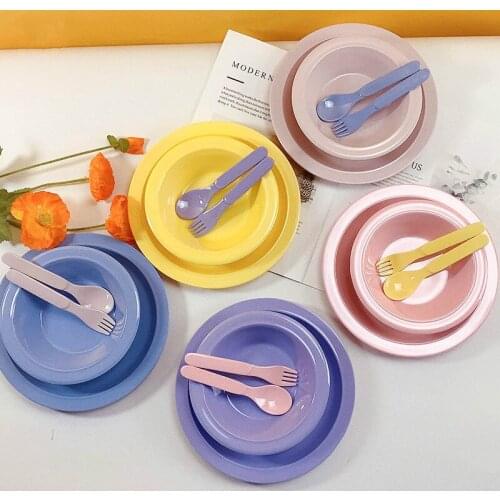4pcs Natural Bamboo Fiber Dishes Set Solid Color Baby Tableware Simple Creative Snack Salad Plate Dessert Bowl Fork Spoon Set