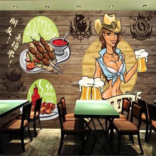 Custom retro wood board barbecue theme 3D wall paper Fast food restaurant gourmet industrial decor mural self-adhesive wallpaper
