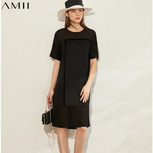 AMII Minimalism Spring Summer Fashion Spliced Thin Women Dress Causal Oneck Solid Loose Knee-length Female Dress 12080039