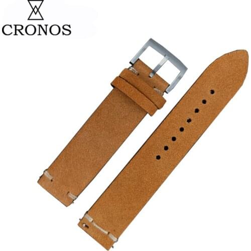 Cronos Genuine Leather for Bronze Watch Flat Ends 20 mm Stainless Steel Tongue Buckle Quick Release Spring Bars