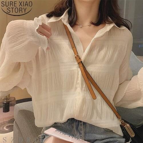 Thin Sunscreen Cardigan Shirts Women Spring Summer Lantern Long Sleeve Chiffon Blouse Tops OuterWear White Clothing Blusas 10348