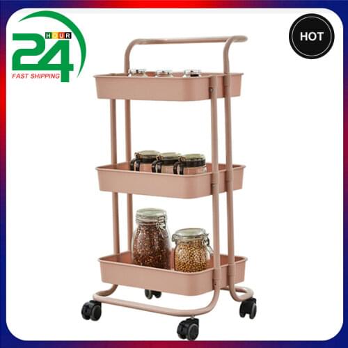 3-Tier Rolling Utility Cart Kitchen Trolley Rolling Storage Cart with Lockable Wheel and Handle Heavy Duty for Kitchen Bathroom
