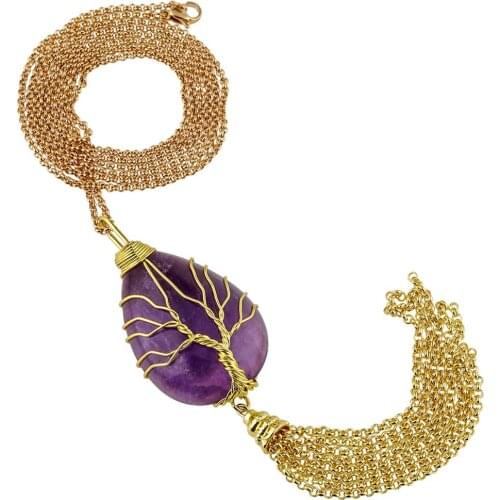 TUMBEELLUWA Handmade Tree of Life Water Drop Crystal Pendant Necklace Gold Color Long Tassel Chain Reiki Women Jewelry