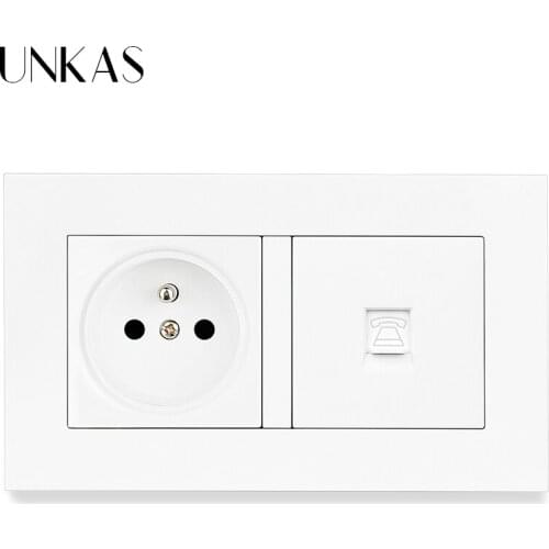 UNKAS PC Plastic Panel 16A French Standard Wall Power Socket + RJ11 Telephone Connector Jack 146MM*86MM 2 Gang Outlet