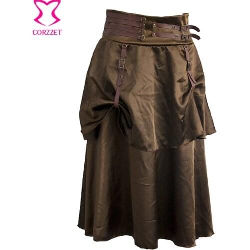 Vintage Brown Layered Satin Gothic Skirts Womens Jupe Steampunk Skirt Saias Midi Faldas Mujer Matching Corsets and Bustiers