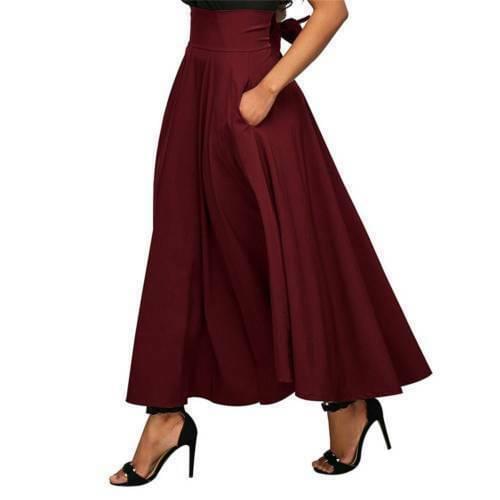 Vintage Womens Skirts High Waist Solid Color Pleated Solid Color Stretch Plain Skater Flared Pleated Long Skirt Summer Women