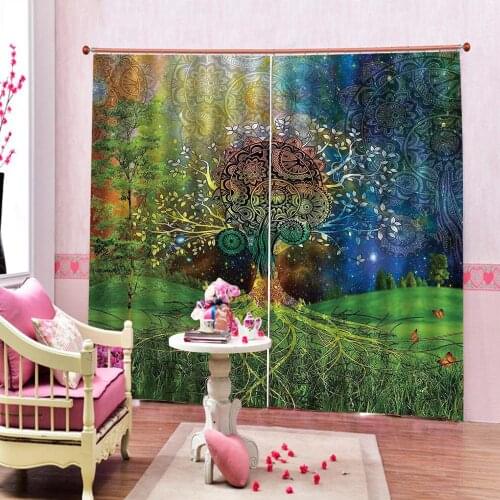 Cartoon big tree Scenery Night Starry sky Curtain Photo Print For Living room Blackout Window Drapes (Left and Right Side)