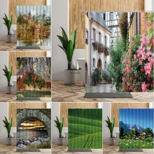 Garden Flowers Natural Scenery Shower Curtains Bath Curtains Bathroom Green Plants Home Decor Waterproof Fabric Bathtub Screen