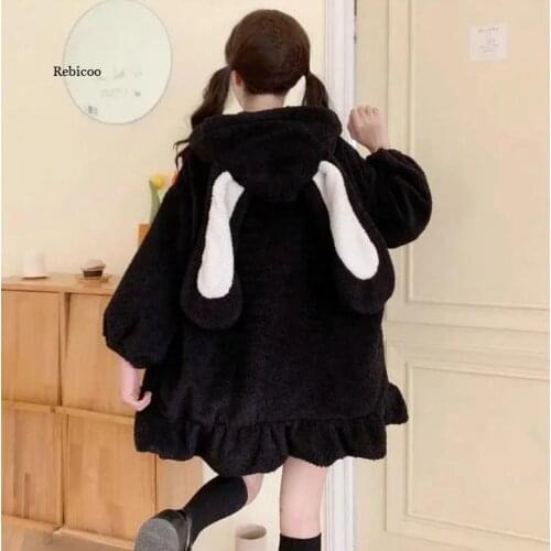 Women Jacket Zip Up Lolita Teddy Rabbit Ears Hooded Girl Ruffle Faux Wool Women Coat Lambswool Plus Cotton Thick Outer New