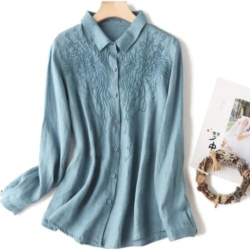 Pure cotton embroidered shirt women 2021 new lapel literary long-sleeved Korean version of large size loose shirt women