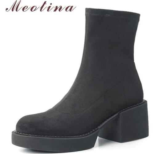 Meotina Ankle Boots Women High Heels Slip On Boots Platform Thick Heel Round Toe Ladies Footwear Short Boots Autumn Winter 34-41