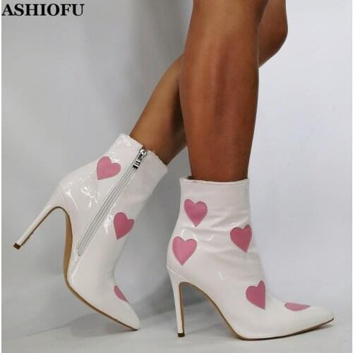 ASHIOFU New Womens High Heels Boots Heart-Style BFCM Ankle Booties Party Prom Evening Pointy Fashion Real Photos Short Shoes