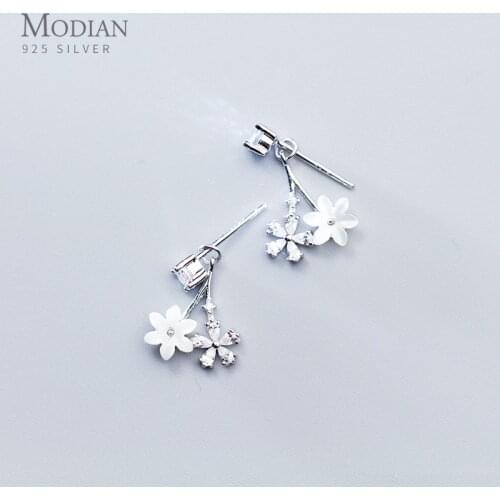 Modian Charm Flower Enamel Clear Zirconia Swing Jewelry For Women 100% 925 Sterling Silver Stud Earrings Classic Party Female