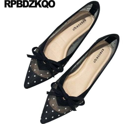 Large size bow mesh pointed toe black women flats shoes with little cute bowtie pointy polka dot chinese breathable korean gray