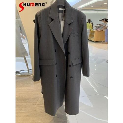 Ladies Korean Style Fashion Simple Solid Suit Jacket Womens 2021 Autumn New Office Lady Loose Double-Breasted Mid-Length Blazer