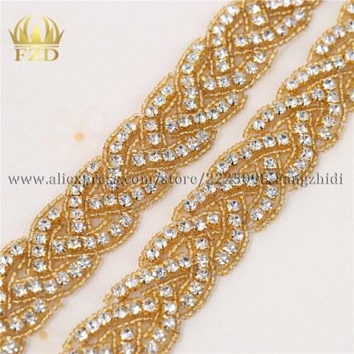 10yards) Wholesale 1 Yard Sewing On Beaded Hot Fix Gold Applique Rhinestone Trim for Wedding Dresses Bridal Garters Sash Belts