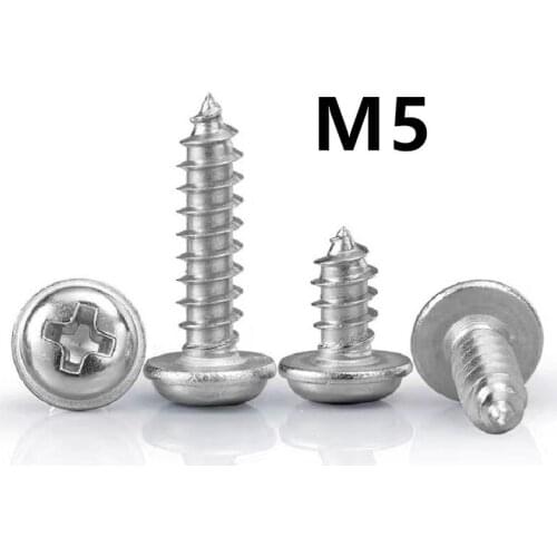 100PCS M5x10/12/16/20/25/30mm PWA 304 Stainless Steel Drywall Screws With Pad Round Head Pan Tapping Self-tapping Screw