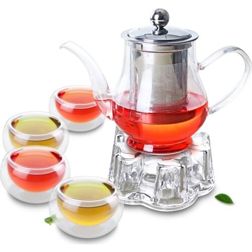 1x 6in1 Kung fu Coffee Tea Set-460ml Clear Glass Tea Pot with Stainless Steel Infuser Filter+4* Double Wall Layer Cup + Warmer B
