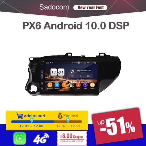 720P DSP PX6 8" 1 din Android 10.0 Car DVD Player 4GB RAM 8 Core car radio 5.0 autoradio Glonass For Toyota Hilux 2016 2017 2018
