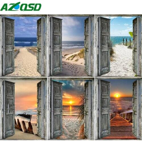 AZQSD Diamond Embroidery Door Seaside Sunset Mosaic Picture Of Rhinestones Diamond Painting Landscape Cross Stitch Home Decor