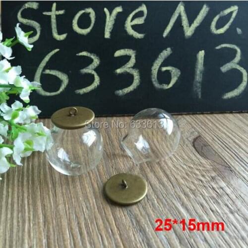 Free ship! 50sets/lot bronze color 25*15mm glass globe base with ring set glass globes set glass vial pendant glass cover