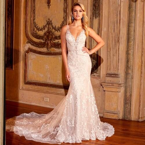 Appliques Lace Beading Crystal Shiny Mermaid Wedding Dress Vestido De Novia Sirena Deep V-neck Backless Sexy Trumpet Bride Gowns