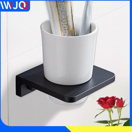 Toothbrush Holder Black Aluminum Single Glass Cup Tumbler Holder Bathroom Accessories Tooth brush Holder Set Wall Mounted