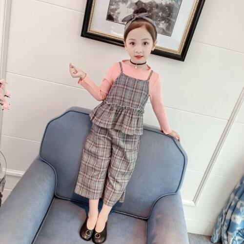 Kids girls sets long sleeve t shirt+vest+pant autumn suit British grid wind wide-legged pants suit send Headband 2-7 ages