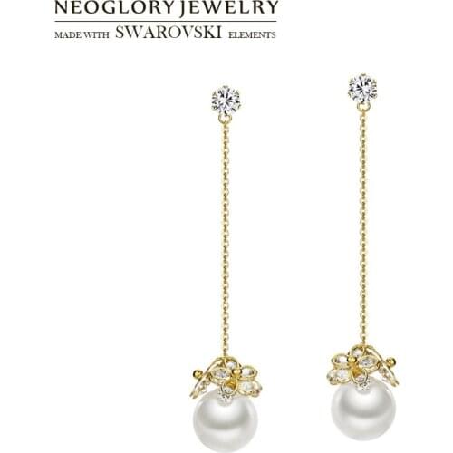 Neoglory Simulated Pearl & Zircon Long Dangle Earrings Elegant Flower Style Exquisite Stylish Party Winter Lady Clothes Gift