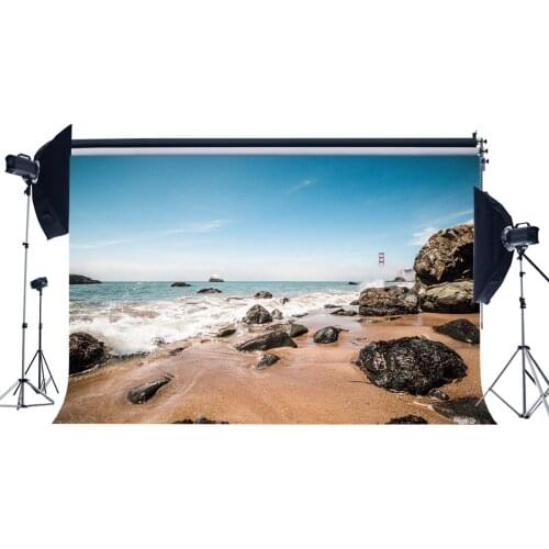 Seaside Sand Beach Backdrop Waves Rock Stones Blue Sky White Cloud Nature Romantic Summer Holiday Background
