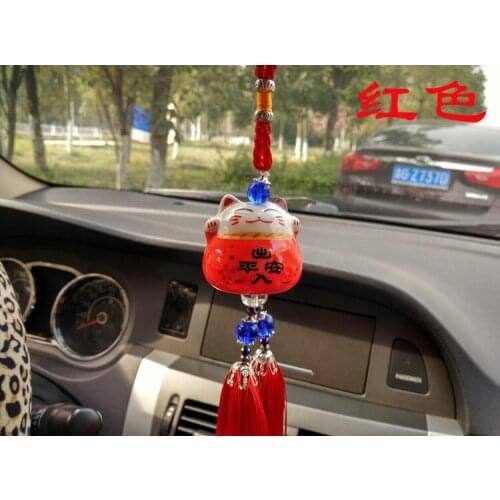 Ceramic Lucky Cat Car Pendant Ornament Red Tassel Hanging Decoration Gift