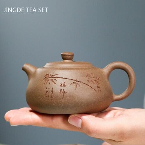 Chinese Yixing Tea Pot Bamboo Leaf Pattern Purple Clay Teapot Beauty Kettle Handmade Raw Ore Teaware Tea Ceremony Gifts 200ml