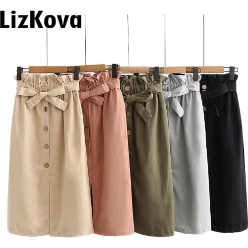 Lizkova Summer Paperbag Skirt Woman Single Breasted High Waist Plus size Skirt 2020 Bandage Front Cut Streetwear