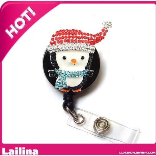 Cute Penguin With Christmas Hat Rhinestone ID Badge Holder /ID Badge Reel