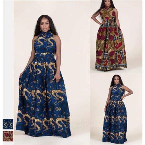 Fashion 2020 Sleeveless African Dresses for Women Sexy Dashiki Print Long Robe Halter Ladies Ankara Africaine Plus Size Clothing