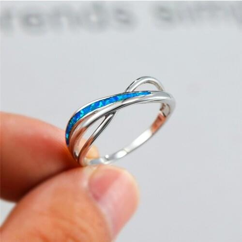 Trendy White Blue Opal Stone Engagement Ring Simple Fashion Hollow Cross Thin Ring Vintage Silver Color Wedding Rings For Women