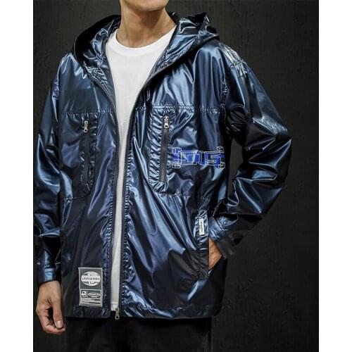 Mens Loose Casual Hip Hop Streetwear Hooded Jackets Nightclub Stage Coats Bright Jackets for Men Fashion Print Bomber Jacket