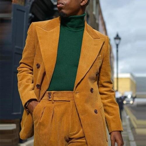 Men Suit New Fashion Corduroy Wedding Tuxedos Men Groom Suits Peaked Lapel Two Button Prom Party Blazer Jacket (Jacket+Pants)