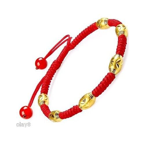 New Pure 999 24K Yellow Gold Lucky Carved Beads Knitted Bracelet Adjustable
