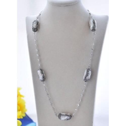 P7066 24" 27mm White Biwa Pearl Inlay CZ Chain Necklace Magnetic