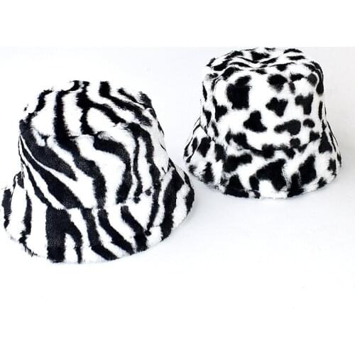 Cow Print Stripe Bucket Hat Autumn And Winter Panama For Girls Keep Warm Plush Womens Bucket Hat Fashion Trend Winter Kpop Cap