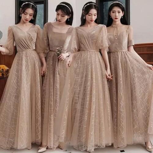 Bridesmaids Dresses Illusion Three Quarter V-Neck Sequined Pleat Lace Tulle A-Line Luxury Khaki Women Wedding Party Gown E532