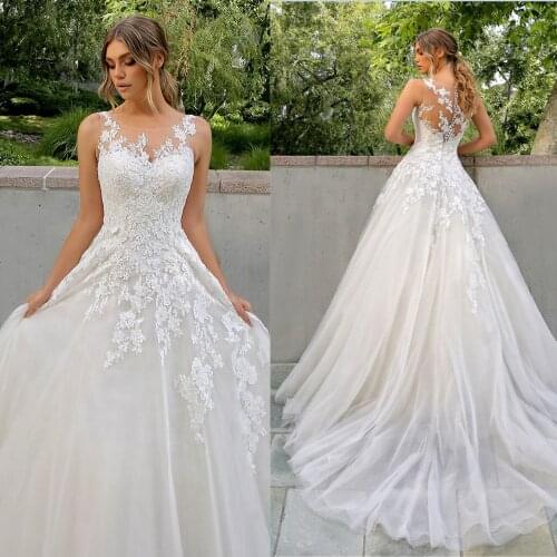 Sexy Sleeveless Long Wedding Dress A Line Appliques Lace Ivory Tulle Bridal Formal Dresses Boho Beach Country Wedding Gowns